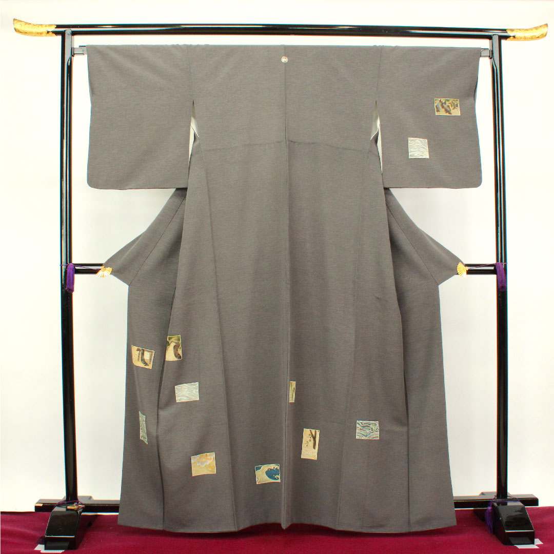 訪問着 袷 身丈163.5cm 裄丈67cm 具墨色 神坂雪佳 京友禅 浜ちりめん 丸に根笹 正絹 Sランク グレー系 1112002402422