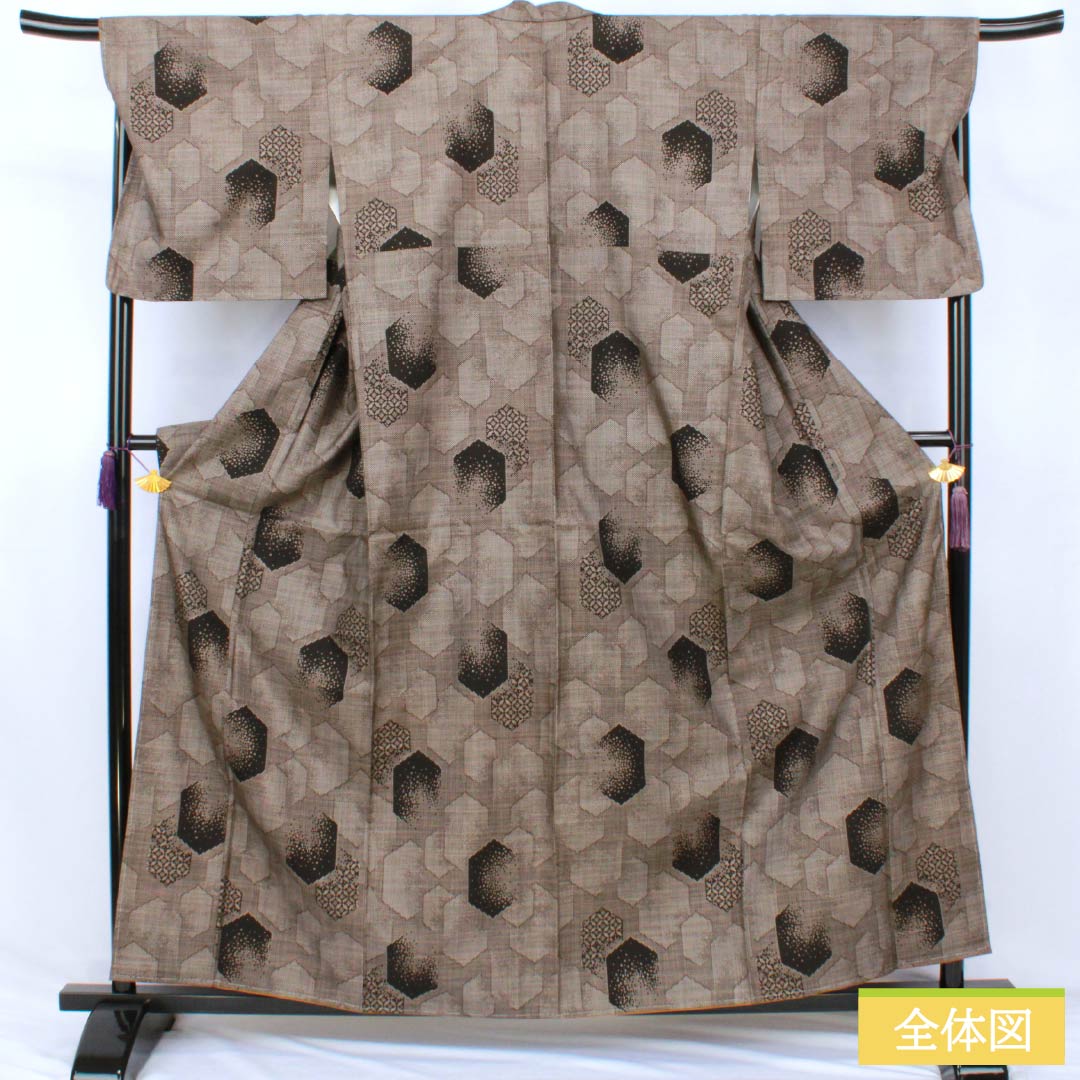 Tsumugi Silk S Rank, Length 160cm, Sleeve-to-sleeve 69.5cm, Fushi-iro (brownish gray), Oshima Tsumugi, Ichigen-gasuri, 7-mark, Awase, Brown tones, 1116004862414