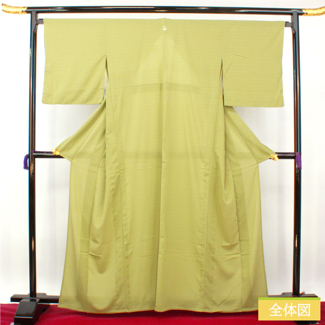 Plain color, polyester, length 164cm, sleeve length 68cm, willow brown, washable kimono, one crest, silk, S rank, green, 1114001312419