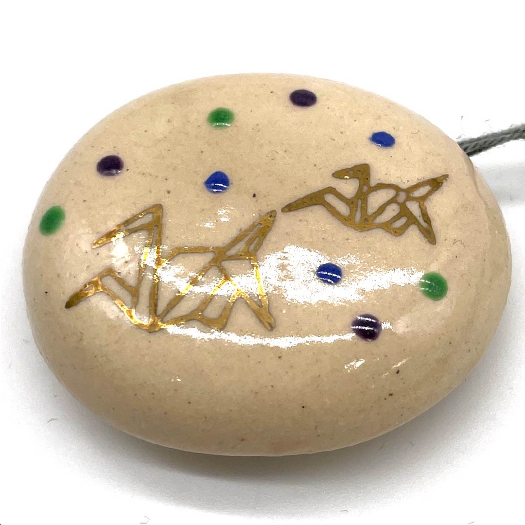 (New old stock) Obi fastener, ceramic, casual, light fragrance color, Kiyomizu ware, crane, bird, length approx. 3.5cm, width approx. 4cm, S rank, beige, 1137000072925