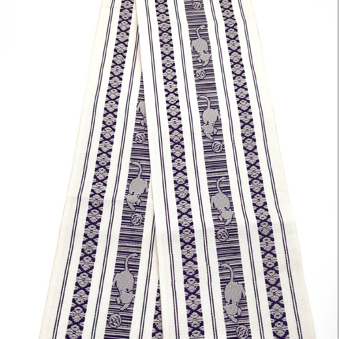 Half-width obi, polyester, obi length 360cm, white, Hakata-ori style, cat, white, S rank, 1125001562311