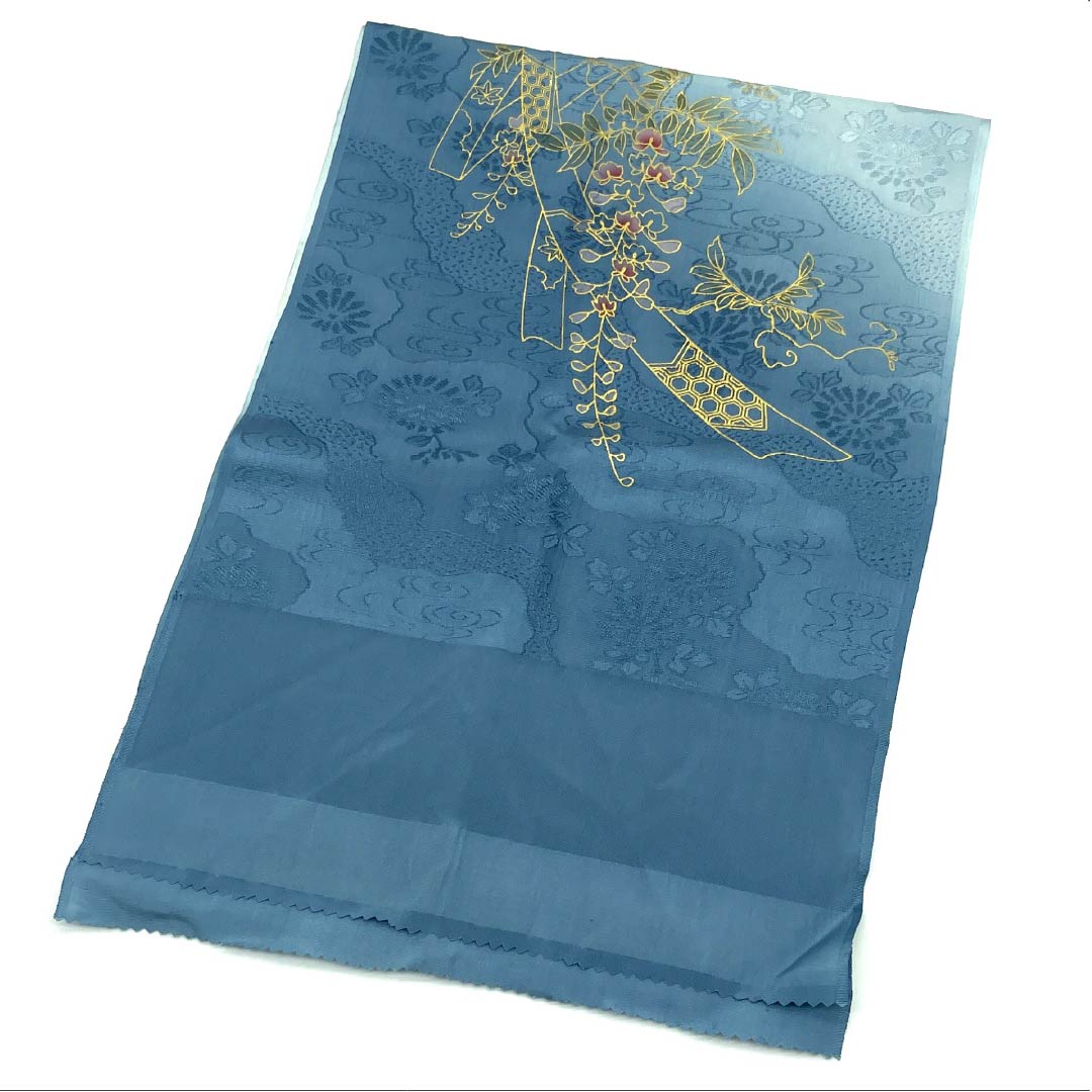 帯揚げ 正絹 Bランク セミフォーマル 熨斗目花色（のしめはないろ） 道長取り 短冊 藤 長さ約185cm 幅約29.5cm 青系 1136004594917