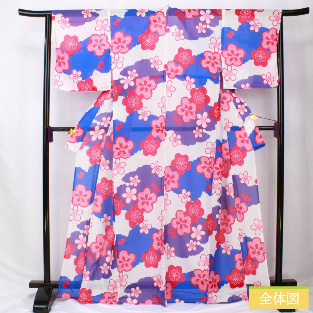 (Brand new, unused) Yukata (single-layer kimono) Polyester, Length 166cm, Sleeve Length 64cm, New Rank, White, Plum Blossom and Cloud Pattern, Product Number: 1118005681511