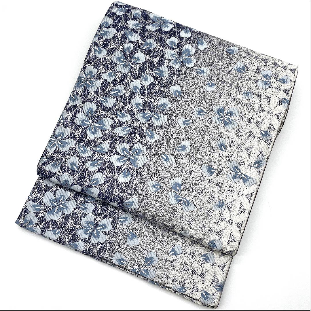 Silver Fukuro Obi with Cherry Blossoms, Length 440cm, Pure Silk, S Rank, Full Length, Formal, Silver, 1123008962322