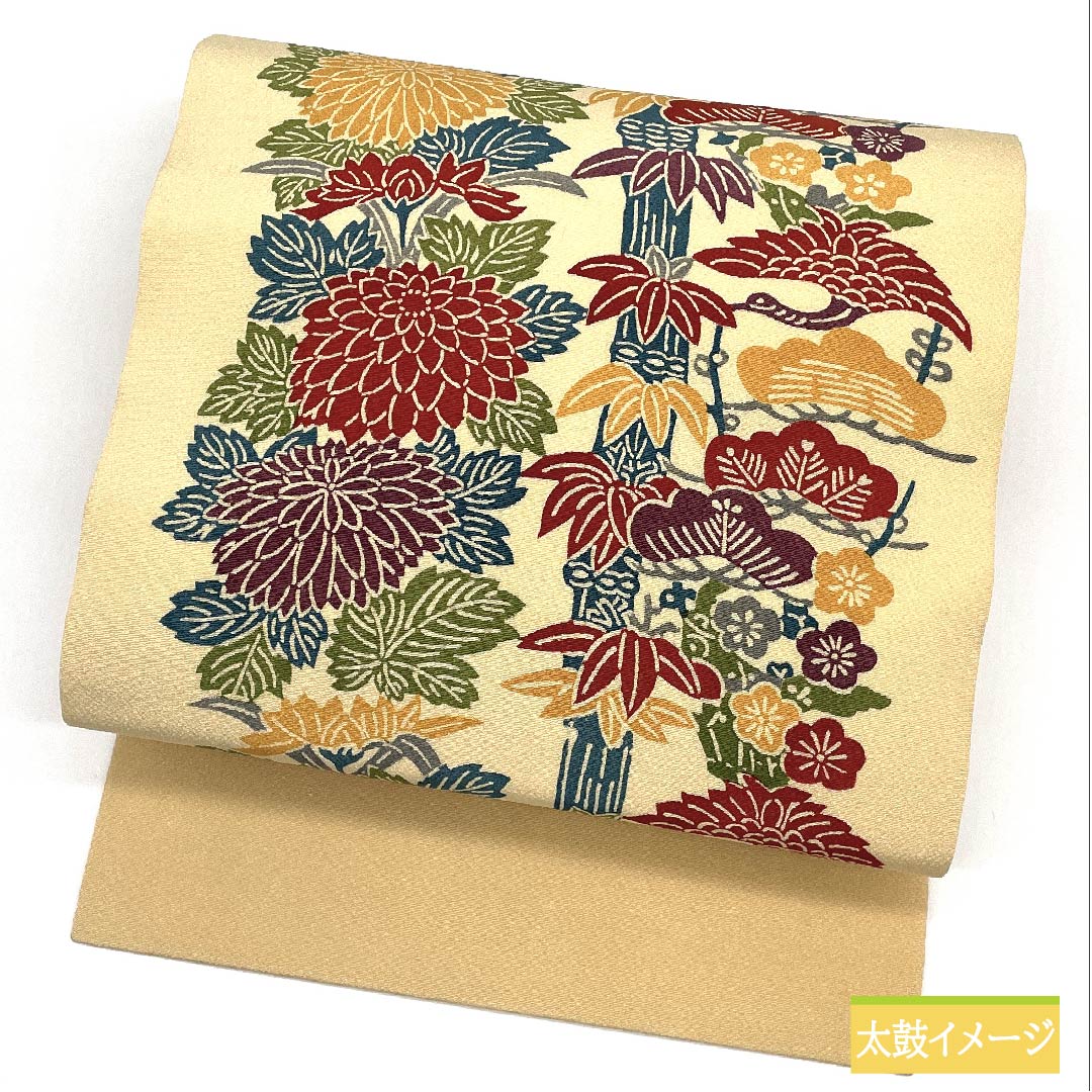 Nagoya obi, Koji-iro, Pine, Bamboo, Plum, Marshmallow, Bingata pattern, Length 360cm, Pure silk, S rank, Full length, Casual, Cream color, 1124006472315, Nagoya style