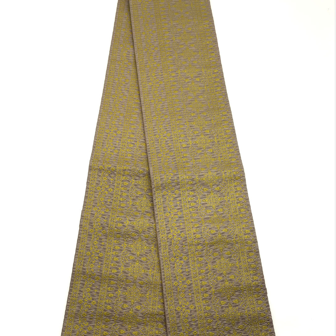 (New) Half-width obi, polyester, NEW rank, deep olive green (kokubōshoku), dark reddish-brown (shuan'iro), geometric pattern, abstract floral pattern, reversible, obi length 400cm, brown tones 1125002591414