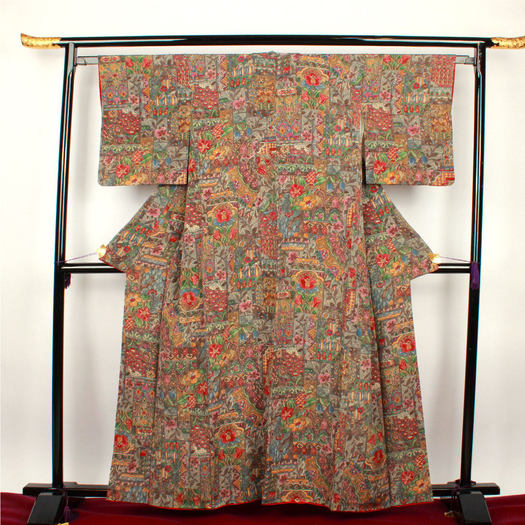 小紋 身丈160cm 裄丈62cm 袷  更紗模様  正絹 Aランク グラデ 1115002303499