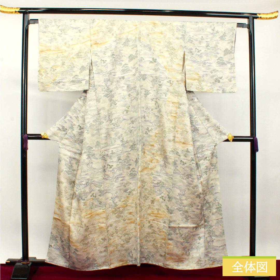 小紋 正絹 身丈159cm 裄丈65.5cm 袷  銀白色 風景模様 しつけ糸付き 未使用品  Sランク グレー系 1115003722322