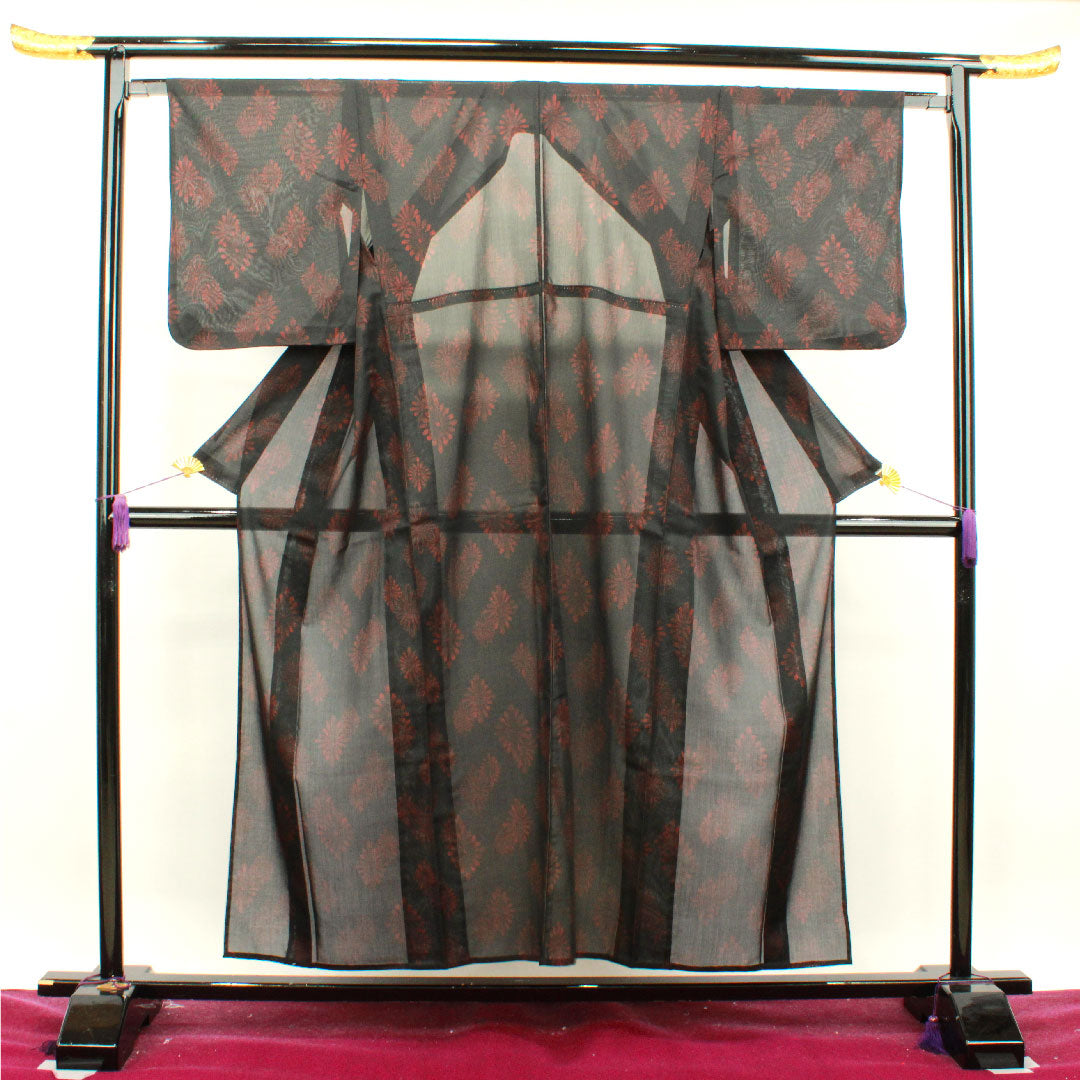Summer kimono, polyester, pongee, length 154.5cm, sleeve length 64.5cm, Kikubishi, washable kimono, with basting thread, gauze, S rank, black, 1132000922210