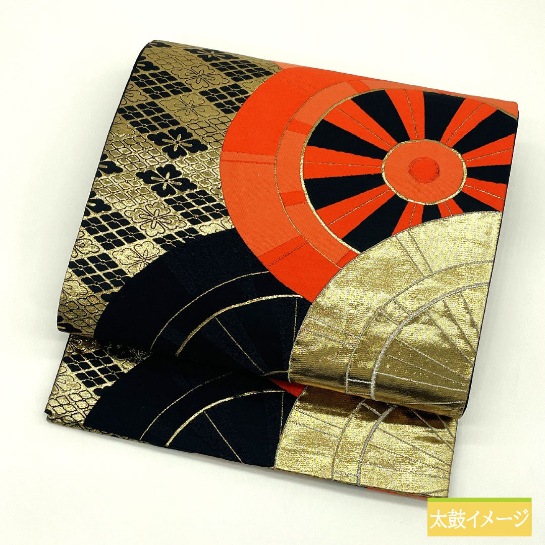 Formal black obi, pure silk, S-rank, Nishijin-ori weave, with artful gold leaf and Genji wheel motif, length 416cm, six-fold, 1123017152310