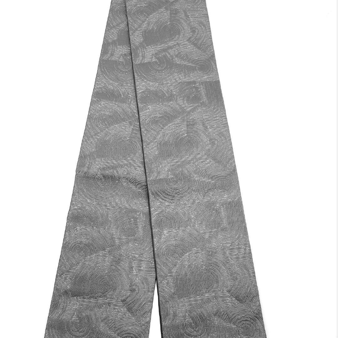 （新品）半幅帯 ポリエステル NEWランク 鉛色（なまりいろ） 藍鉄色（あいてついろ） 幾何学模様 円 抽象花模様 リバーシブル 帯丈400cm グレー系 1125002611422
