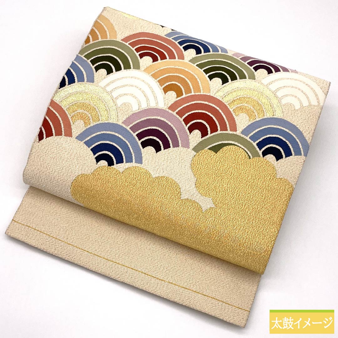 Nagoya Obi, Pure Silk, S-Rank, Tapestry Weave, Cloud Pattern, Seigaiha Pattern, 430cm Long, Gold Accents, Semi-Formal, Pine Needle Pattern, Item Number 1124010522421