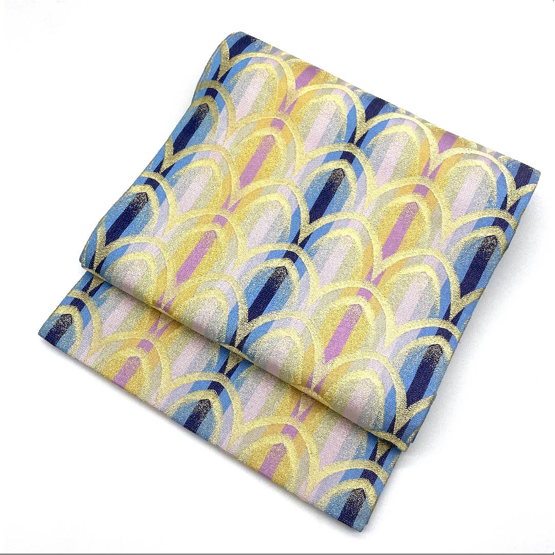 Nagoya obi, gradation, stripes, Seigaiha pattern, obi length 362cm, pure silk, A rank, full length, semi-formal, gradation, 1124003213399, open tailoring