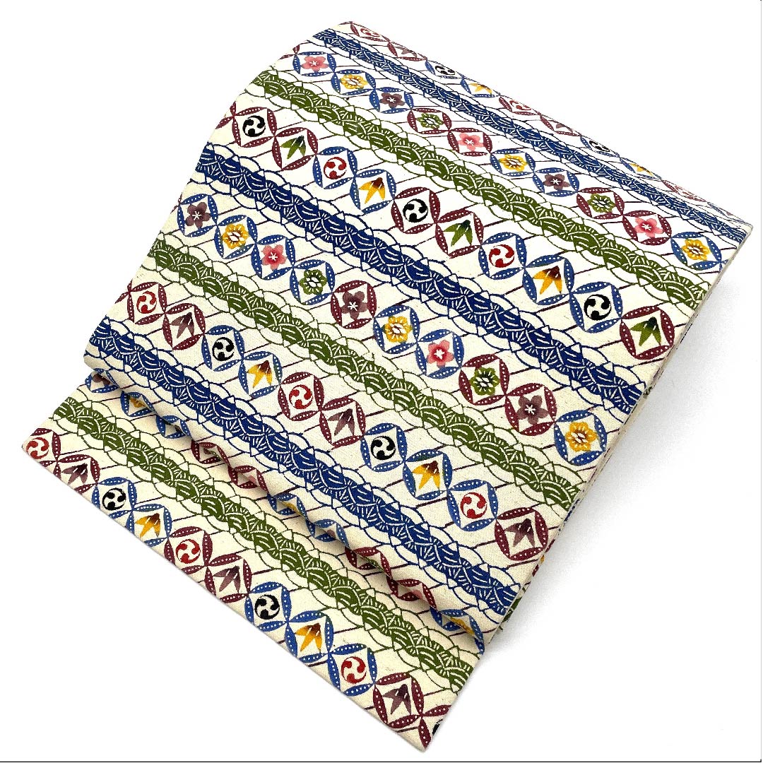 Nagoya obi, natural color, genuine bingata, circle with flower pattern, obi length 330.5cm, cotton, S rank, full length, casual, cream color, 1124003652315, Nagoya style