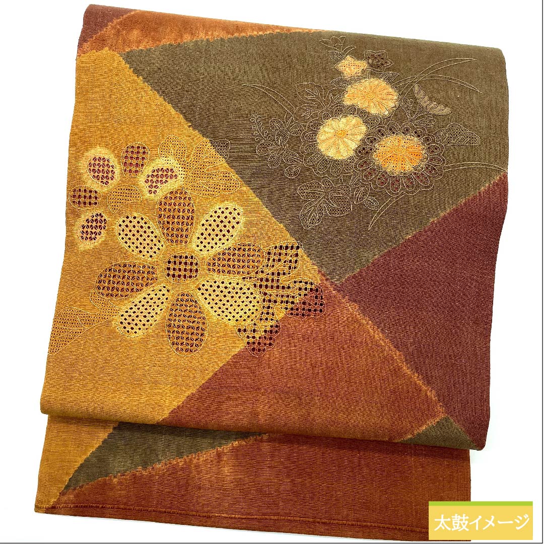 Nagoya obi, golden yellow, floral pattern, pongee fabric, inlay style, obi length 369cm, pure silk, S rank, point pattern, casual, gradation style, 1124005752399, Nagoya style