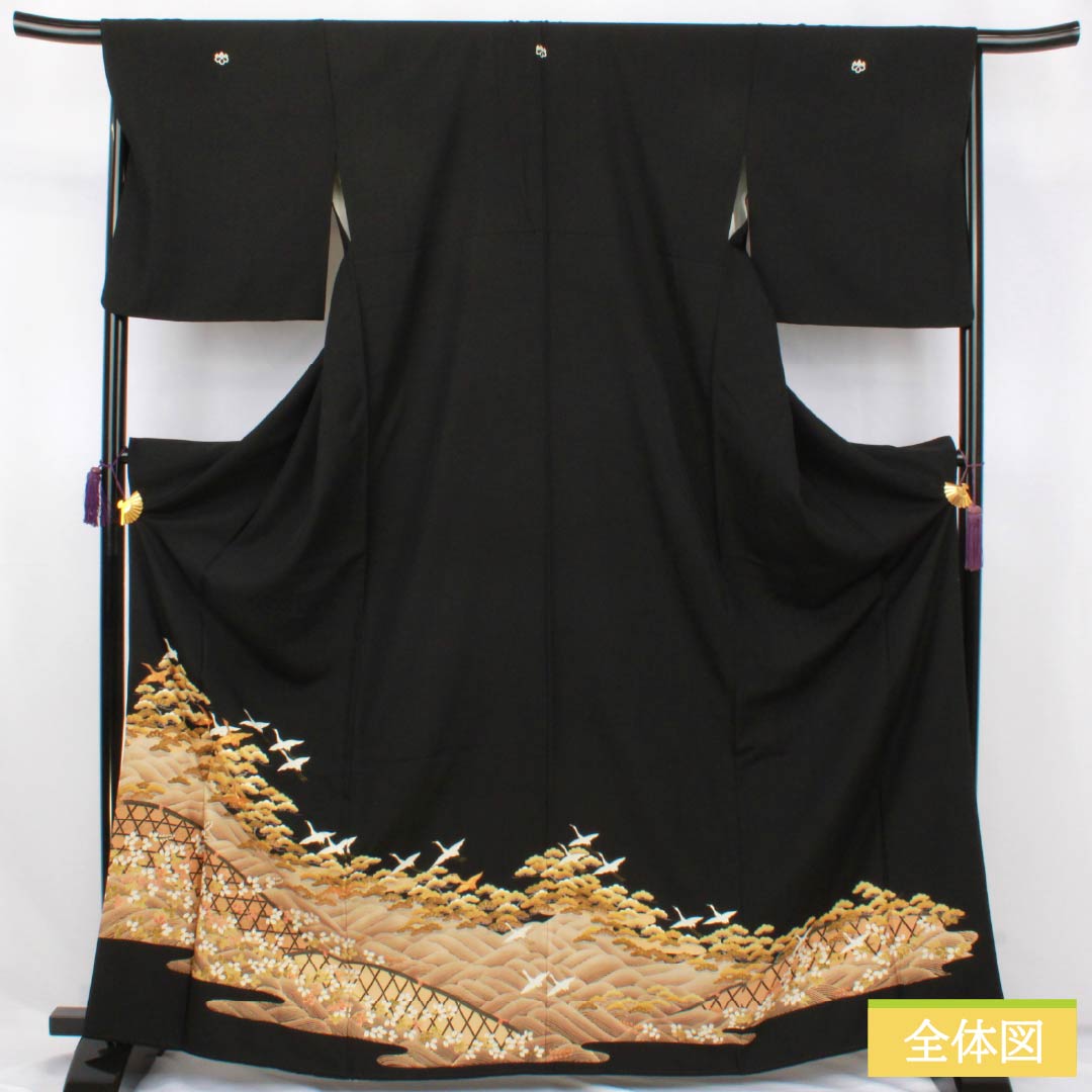 Black Tomesode (Japanese Kimono) - Pure Silk, Grade A, Length 167cm, Sleeve Length 67.5cm, Lined, Kyoto Yuzen, Five Crests, Chūin Gosan Paulownia, Crane, Pine, Hagi, Wave, Five Crests, Black, 1111002053510