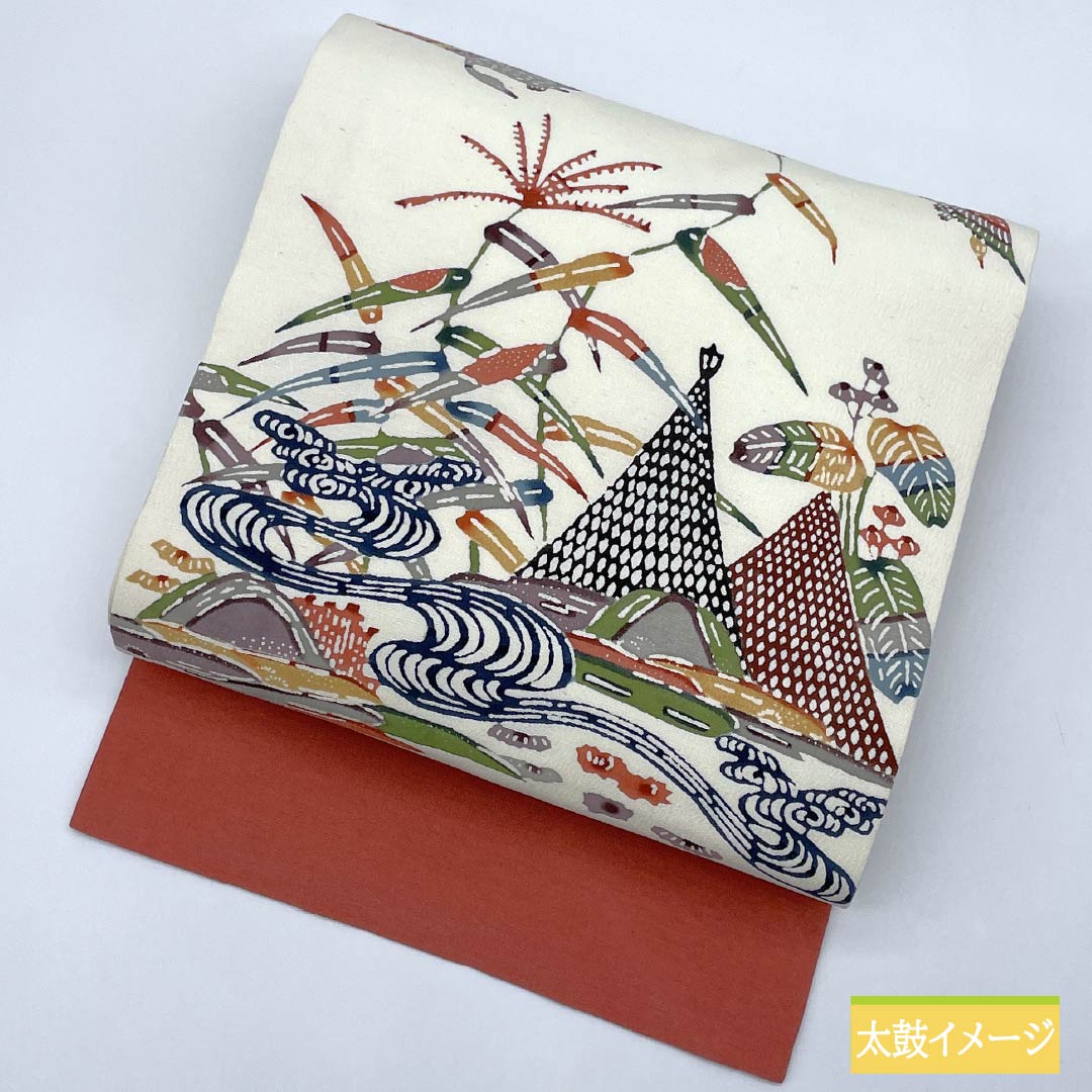 Nagoya obi, milky white color, Kyoto Bingata, landscape pattern, bird, obi length 360cm, pure silk, S rank, point pattern, casual, cream color, 1124007242315, Nagoya style