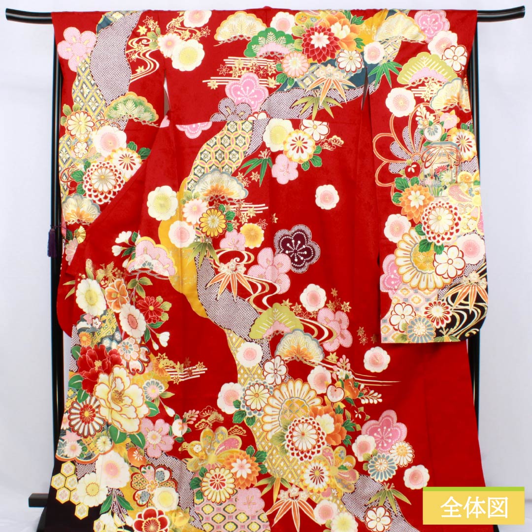 振袖 正絹 Sランク 身丈170.5cm 裄丈67.5cm 袷 真紅色（しんくいろ） 京友禅 吉祥文様 松竹梅 菊 ECOガード加工 赤系 1113002602612