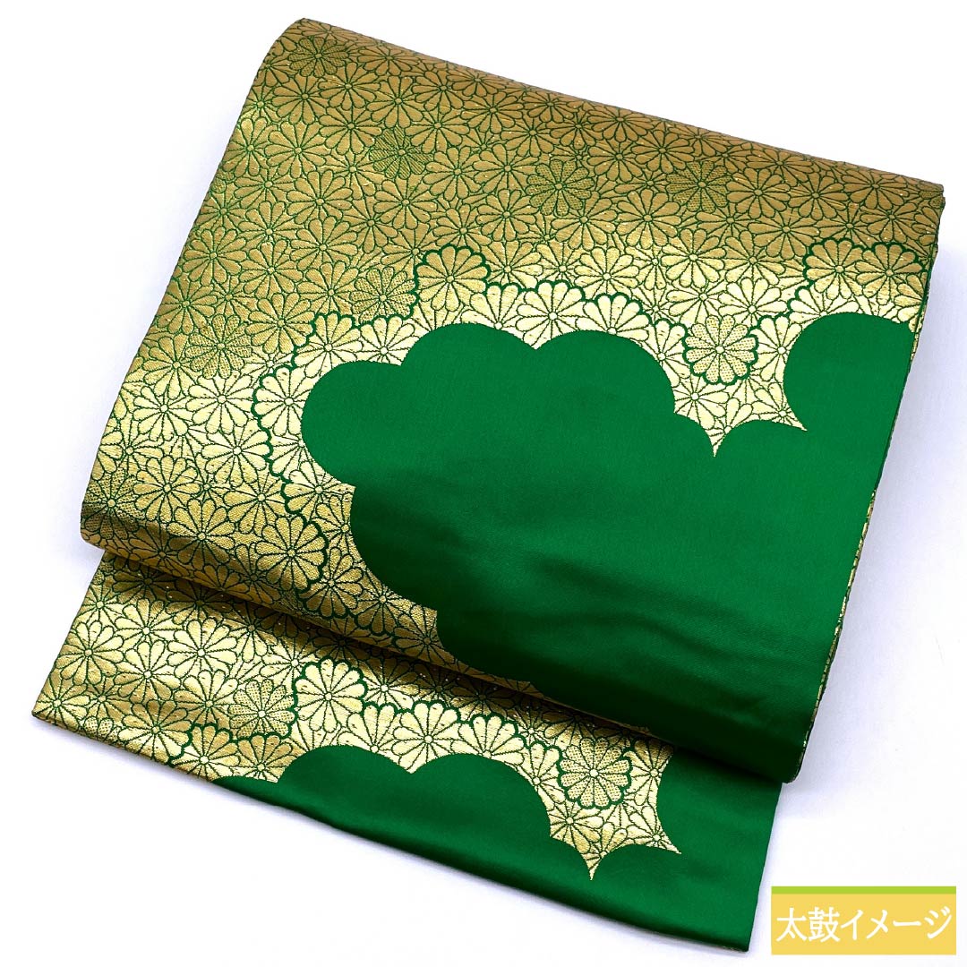Nagoya Obi, Pure Silk, S-Rank, Green, with Cloud Pattern and Chrysanthemum Design, Length 340cm, Full Length, Semi-Formal, Green, Product Number 1124009052319, Nagoya Style