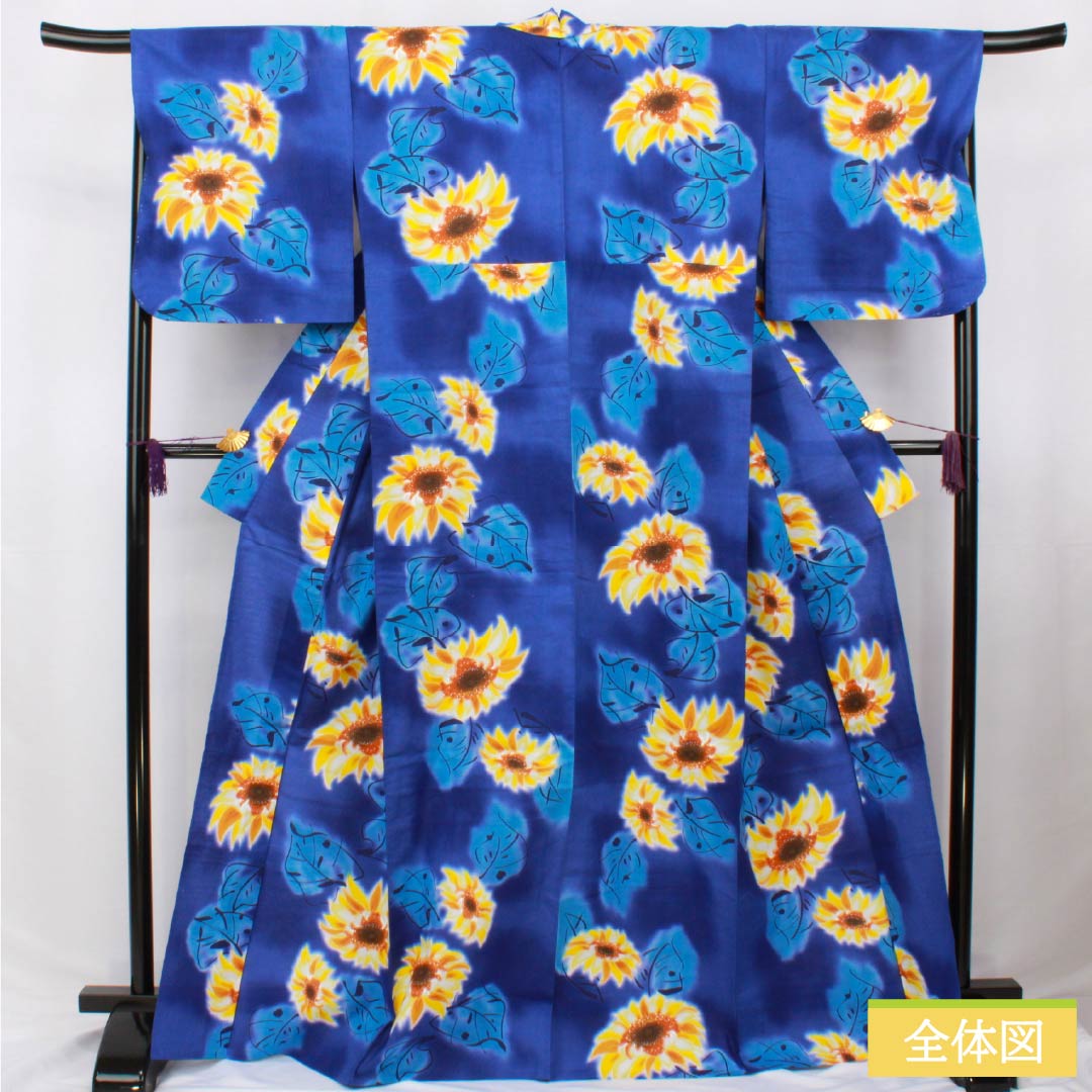 Cotton Yukata, Length 169cm, Sleeve Length 69cm, S Rank, Single Layer, Blue, Kikyo-iro (Kikyou-iro) with Sunflower Design, 1118006492517