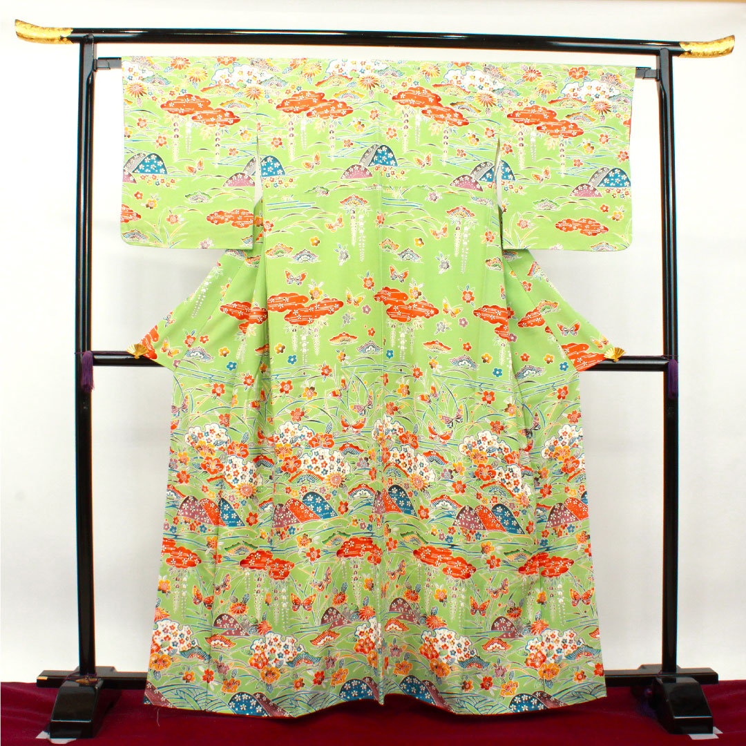 Homongi, pure silk, lined, length 162.5cm, sleeve length 65cm, light green, Kyoto Bingata, auspicious motif, with basting thread, S rank, green, 1112003222419