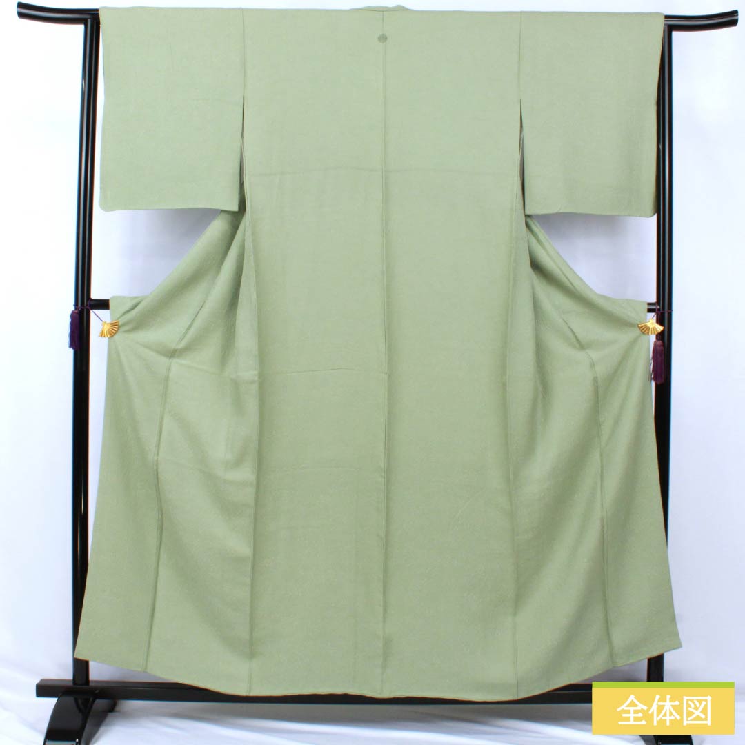 Solid-colored silk kimono, A-rank, length 156cm, sleeve length 64cm, Longquan celadon glaze color (Rongquan Ching Two-Youth), single crest, split paulownia wood, sewn crest, lined, green, 1114002563319