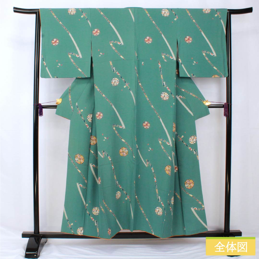 Komon, pure silk, length 152.5cm, sleeve length 64.5cm, lined, Yamaaizuuriiro (Yamaaizuri-iro), stencil dyeing, noshi (Japanese traditional wrapping paper), floral pattern, Scotchgard, B rank, green, 1115005484219