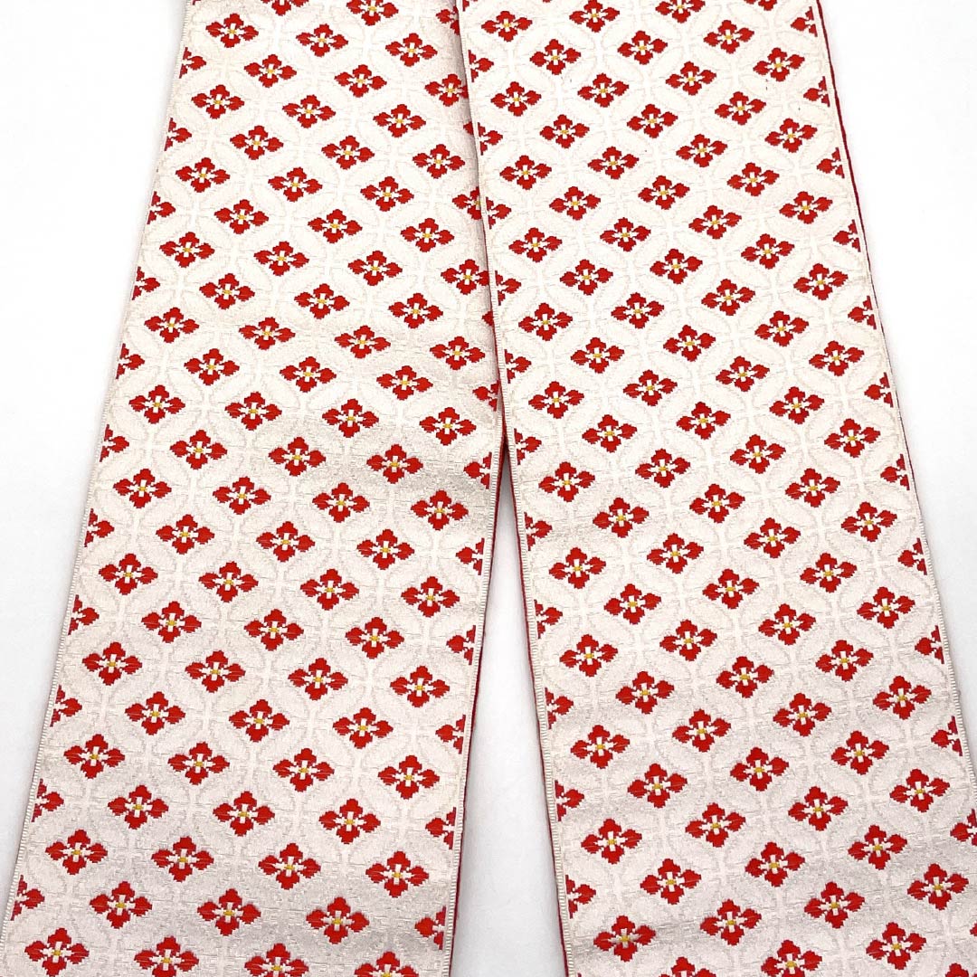 【未仕立】半幅帯 ポリエステル Sランク 胡粉色（ごふんいろ） 七宝 小花 麻の葉   帯丈344cm 白系 1125002162311