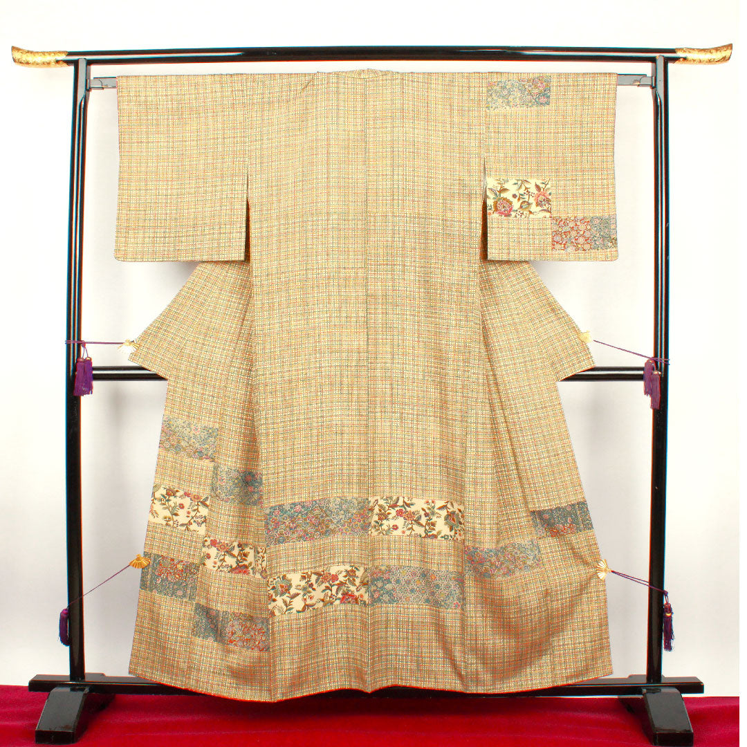 Homongi, lined, length 151.5cm, sleeve length 63cm, chintz pattern, checkered, lacquered color, pure silk, A rank, cream color, 1112001473215