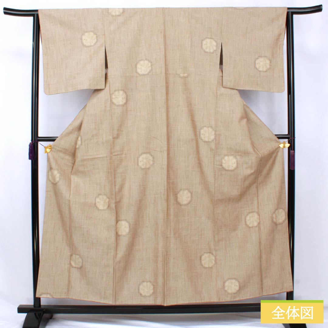 Pure silk tsumugi (pongee) kimono, S-rank, length 156.5cm, sleeve length 63.5cm, white oak color (shirotsurubamii), silk tsumugi with abstract pattern, basting thread included, lined, beige, product number 1116004552325