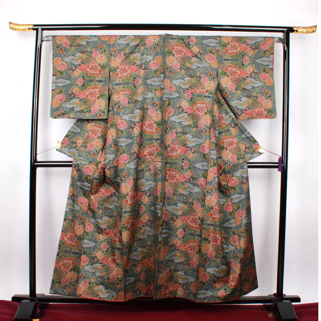 Oshima Tsumugi, Length 156.5cm, Sleeve length 64.5cm, Warp and weft ikat, Floral pattern, Pure silk, A rank, Lined, Green, 1116001853319