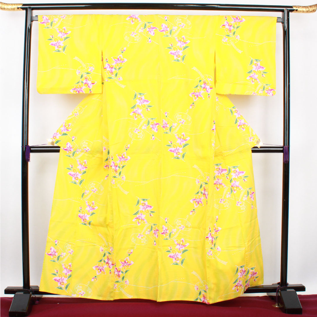 Yukata, Sunflower color, Wind chimes and flower pattern, Cotton, A rank, Single layer, Length 161.5cm, Sleeve length 69cm, Yellow, 1118001033423