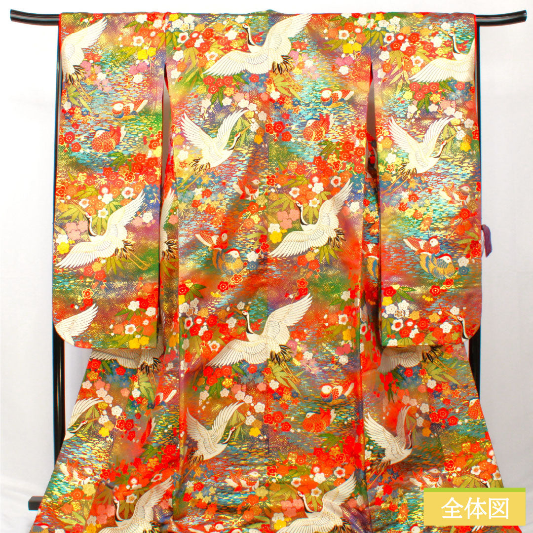 Irodourou Uchikake (Colored Kimono) - Pure Silk, S Rank, Length 192cm, Sleeve Length 67cm, Karaori Weave, Crane, Mandarin Duck, Plum Blossom, and Bamboo Design, Lined, Gradient Pattern, 1110000892999