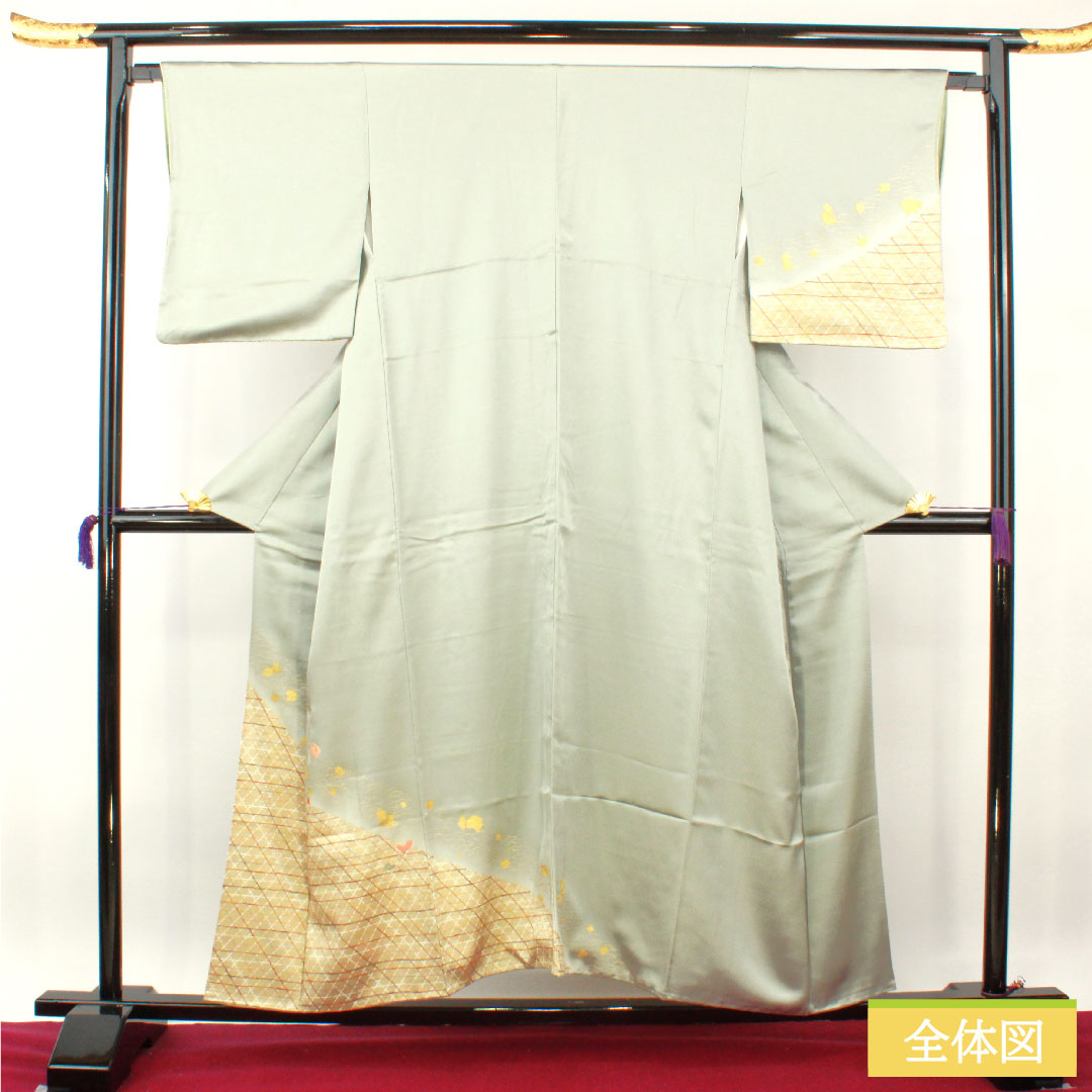 Homongi, pure silk, lined, length 154cm, sleeve length 65cm, Kyoto Yuzen, embroidery, A rank, green, 1112004123219