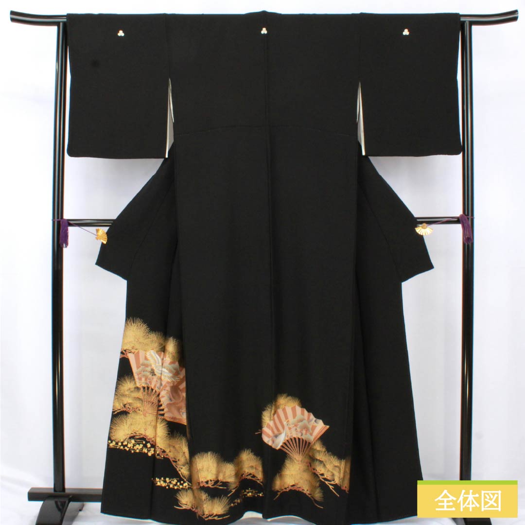 Black formal kimono, pure silk, A-rank, length 160.5cm, sleeve length 64cm, lined, five crests, three oaks, crane, pine, turtle, fan design, black, 1111001903410