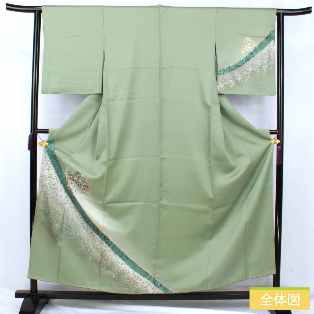 Visiting Kimono, Pure Silk, Grade A, Lined, Length 155cm, Sleeve Length 58.5cm, Back Leaf Color (Ura-iro), Mother-of-Pearl Inlay and Gold Finish, Auspicious Motifs, Tango Chirimen, Hatcho Mizu-yori, Green, Product Number: 1112007423319