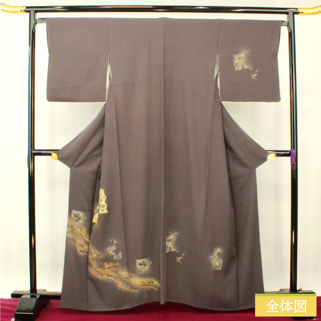 Homongi, pure silk, lined, length 161cm, sleeve length 66.5cm, dark blue, Kyo-Yuzen, butterfly, ivy, flowing water, S rank, gray, 1112004162422
