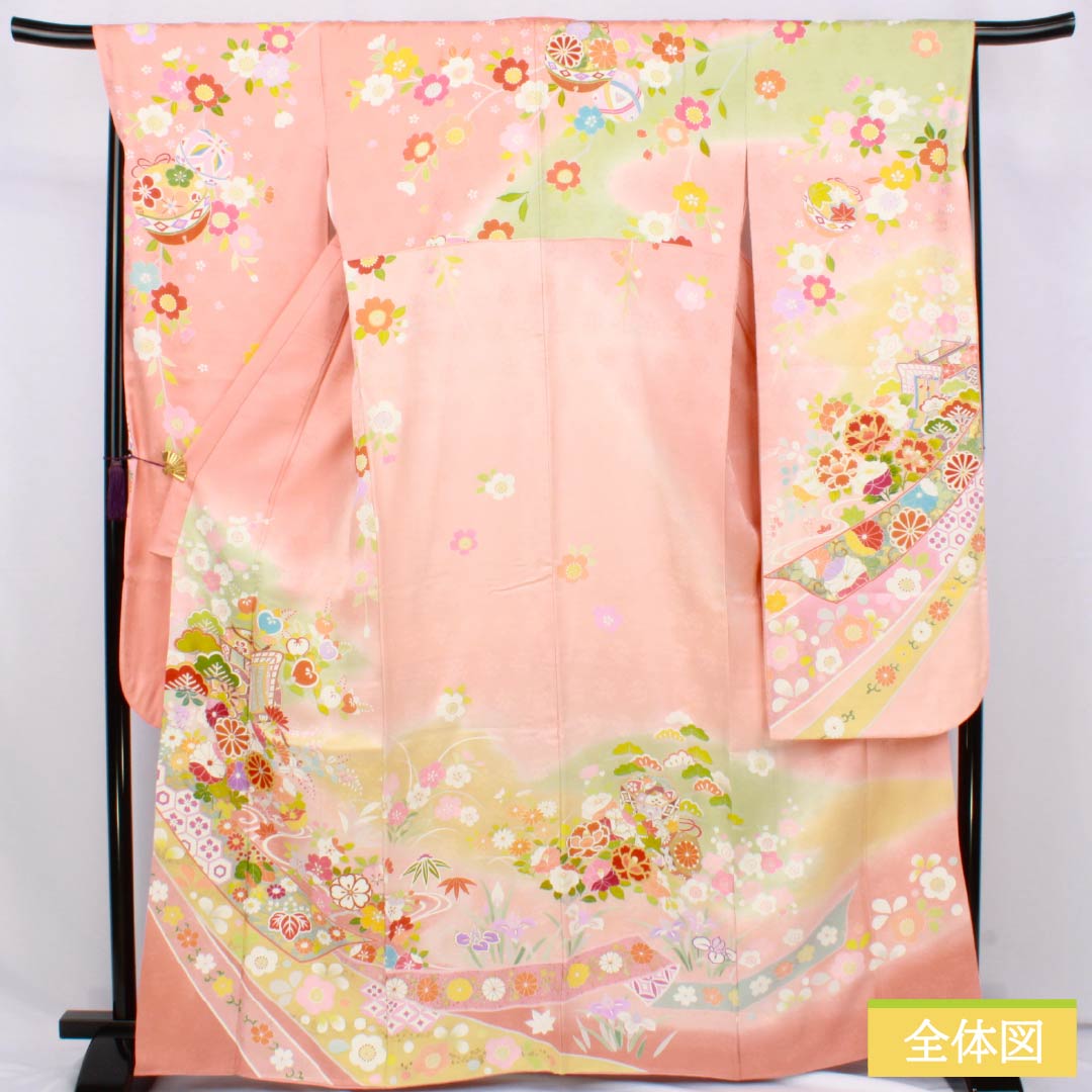 Silk Furisode, S Rank, Length 164.5cm, Sleeve-to-Sleeve 68cm, Lined, Coral Pink, Kyo Yuzen, Auspicious Patterns, Goshoguruma, Tanenoshi, Pearl Tone Processed, Pink Family, 1113002582413