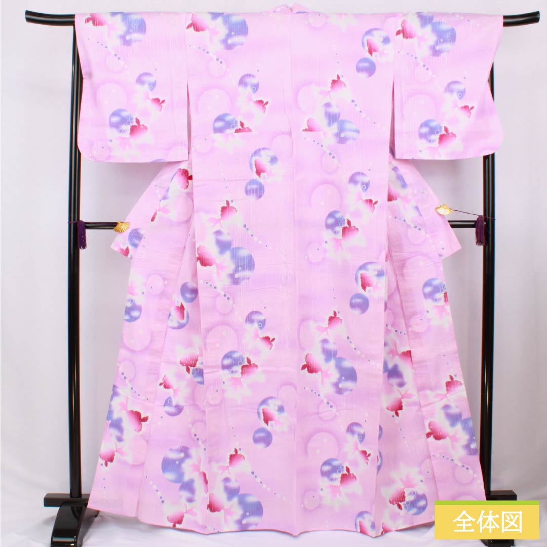 Cotton Yukata, Length 165cm, Sleeve Length 68cm, S Rank, Single Layer, Pink, Saffron Blue, Goldfish Design, Silver Thread, Item Number 1118006422513