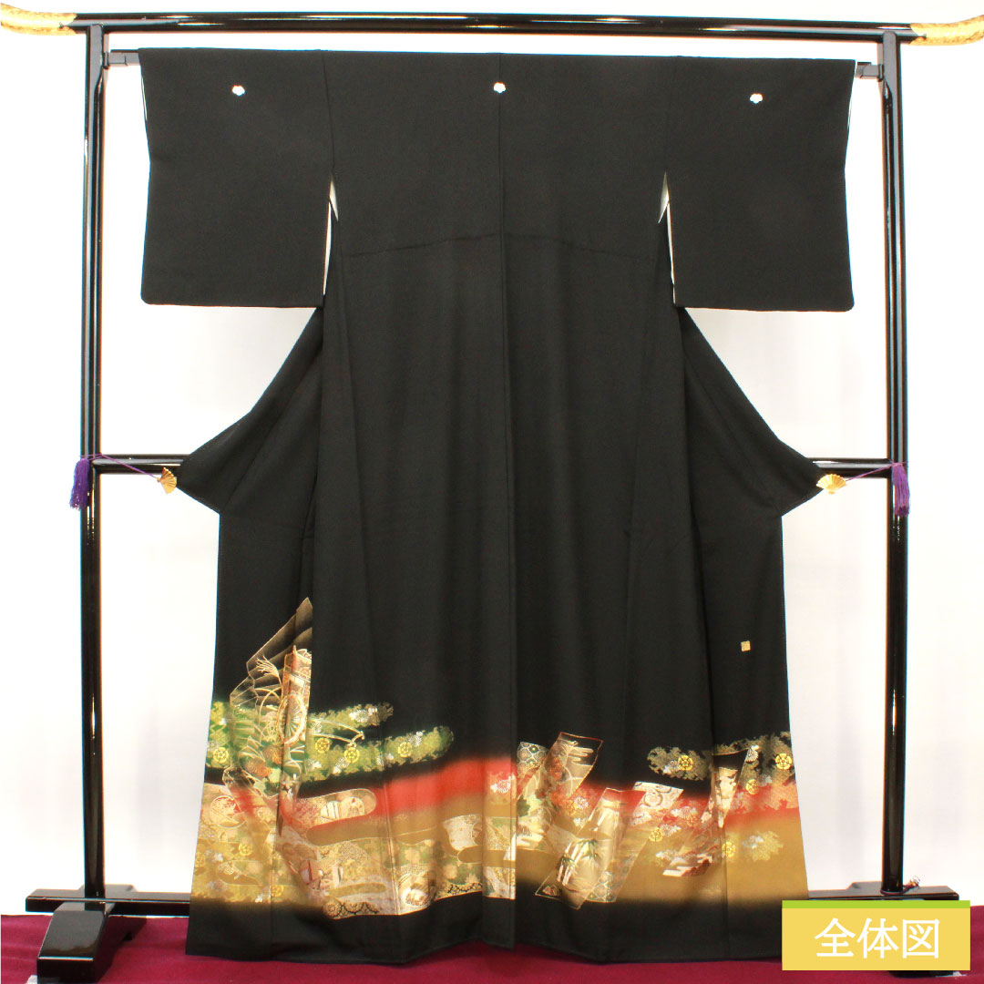 黒留袖 正絹 身丈164cm 裄丈65cm 袷  金彩加工 吉祥文様 作家物 五つ紋 蔦 Aランク 五つ紋 黒系 1111001263410