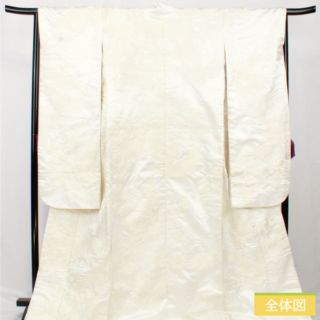 Shiromuku Kimono (White Kimono) - Pure Silk, Grade A, Length 180.5cm, Sleeve Length 64.5cm, Karaori Weave, Crane and Floral Pattern, Lined, White, 1110000983911