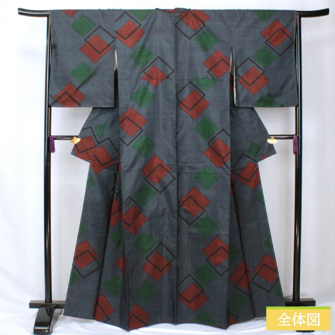 Silk Tsumugi (Japanese kimono), Length 165cm, Sleeve Length 65.5cm, Korean Indigo Blue, Oshima Tsumugi, Ichigen Kasuri Pattern, 7 Marks, S Rank, Lined, Navy Blue, Product Number: 1116003832518