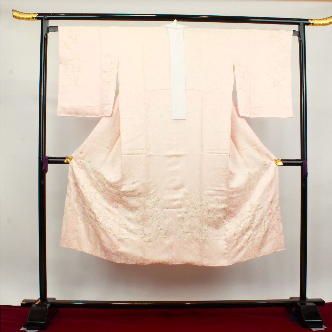 Long undergarment, pure silk, length 135cm, sleeve length 68cm, lined, formal, crane, partially dyed, patterned feathers, S rank, pink, 1129000532413