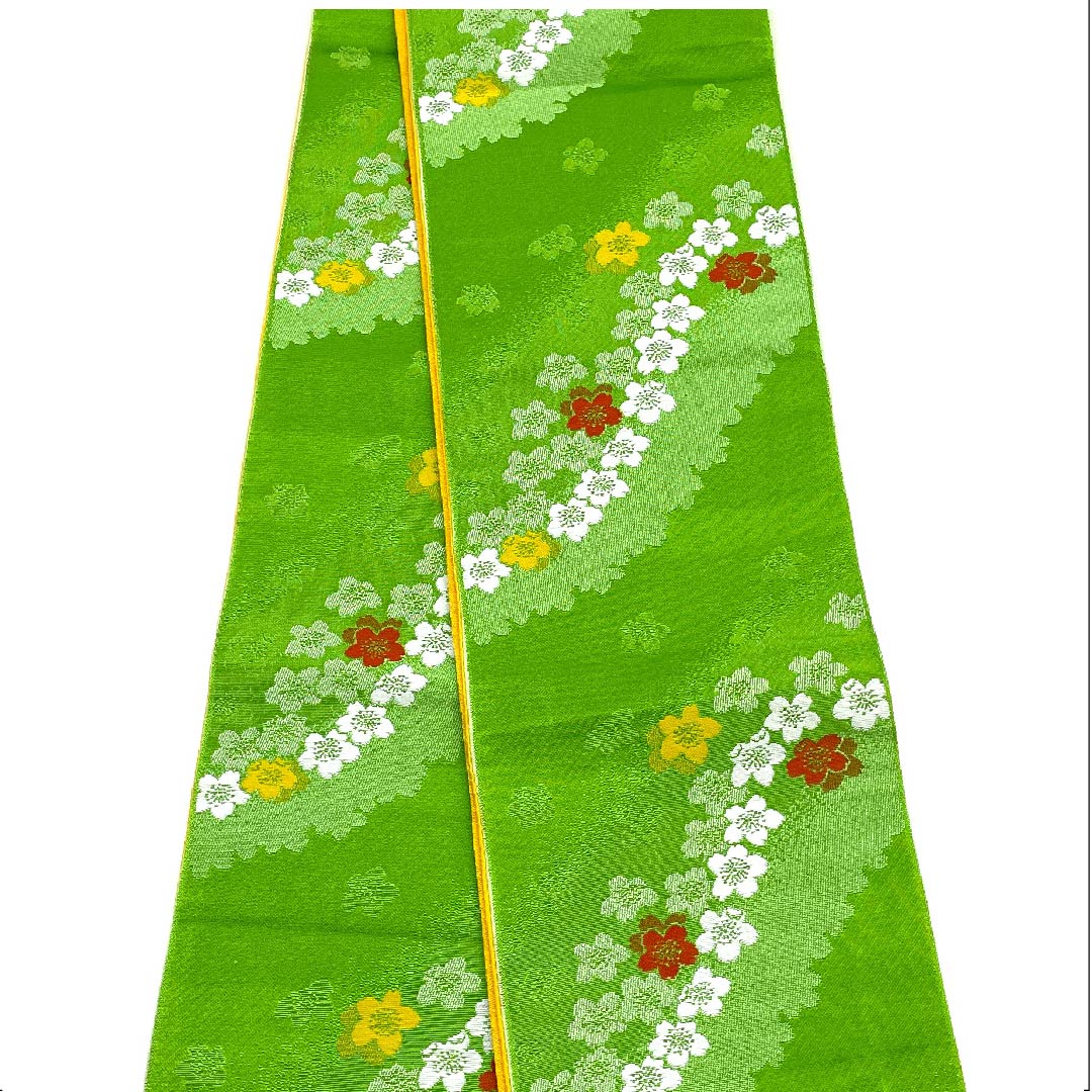 [Unsewn] Half-width obi, polyester, S rank, Moegi-iro (light green), floral pattern, small cherry blossoms, reversible, classic pattern, obi length 342cm, green family, 1125000922319