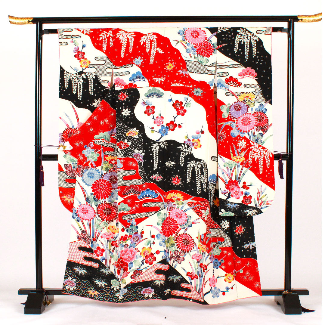 振袖 身丈160cm 裄丈63cm 袷  京紅型 松竹梅 青海波 正絹 Aランク 白系 1113000793411