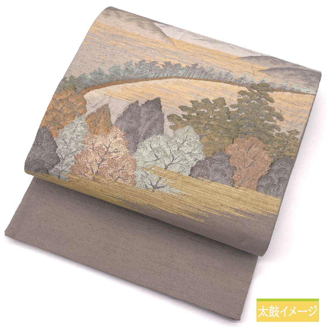 袋帯 正絹 Aランク 桜鼠色（さくらねずいろ） 紬地 ふくれ織 遠山 風景 帯丈440cm ポイント柄 カジュアル ピンク系 1123015373313