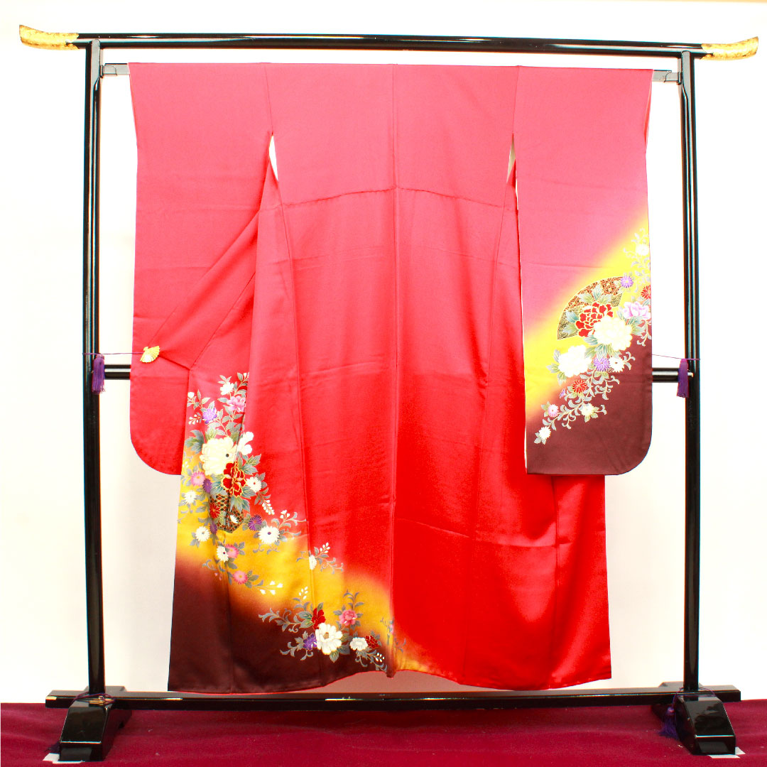 振袖 身丈153.5cm 裄丈63cm 袷  赤紅色 京友禅 草花模様  正絹 Aランク 赤系 1113001523212