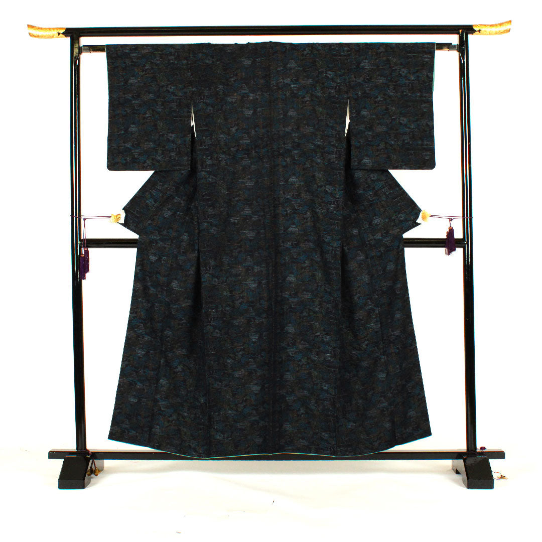 Tsumugi, Length 158cm, Sleeve length 62.5cm, Landscape pattern, Pure silk, S rank, Lined, Navy blue, 1116001292318
