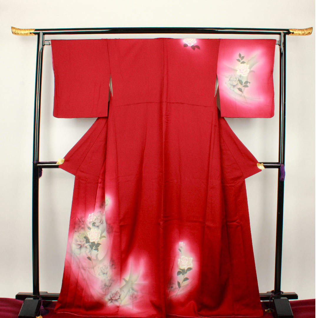 Homongi, lined, length 170cm, sleeve length 69cm, grape color, hand-painted Yuzen, rose, pure silk, S rank, purple, 1112001702620