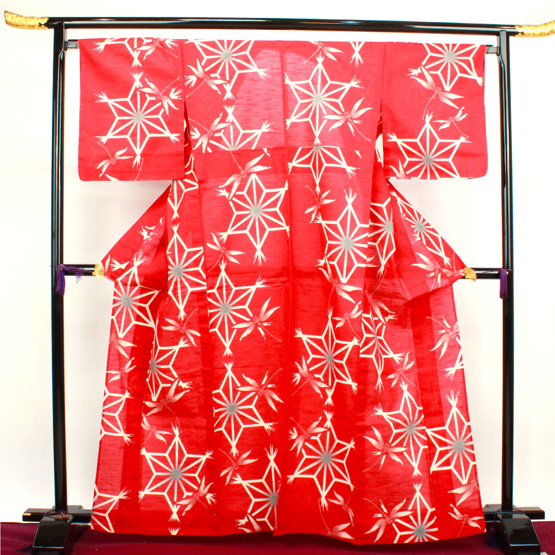Yukata with basting thread, unused, western crimson, dragonfly, cotton, S rank, single layer, length 165cm, sleeve length 68cm, red, 1118002152512